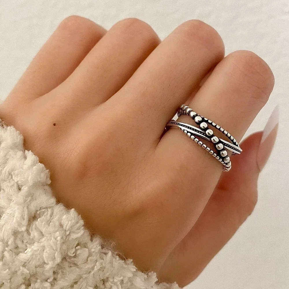 Sterling-Style Silver Stackable Beaded Women's Ring Set